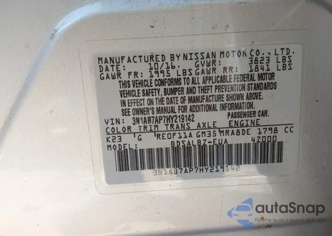 2017 Nissan Sentra S z USA, uszkodzony, nr VIN 3N1AB7AP7HY219142